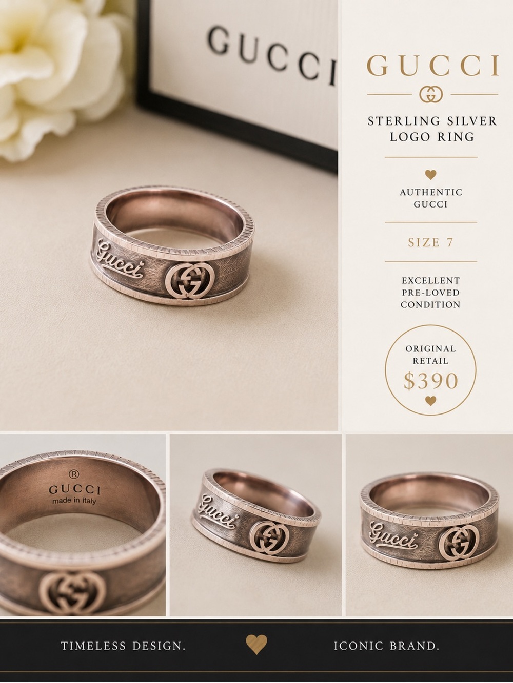 Gucci Men's Sterling Logo Ring in Antique Gold-Tone (Unisex)
